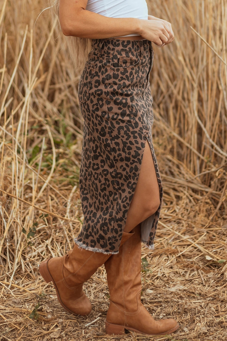 Leopard Denim Frayed Hem Midi Skirt