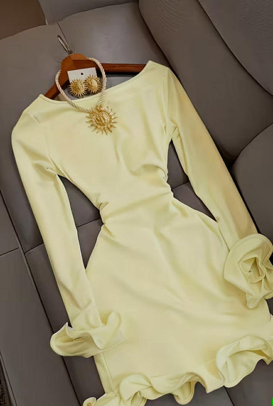 Elegant Dusty Yellow Dress - Long Sleeve